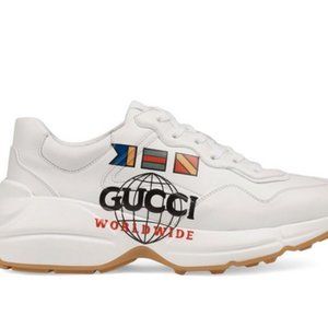 $890 Gucci Worldwide White Leather Rython Platform Sneakers Mens 8 W 9.5/10